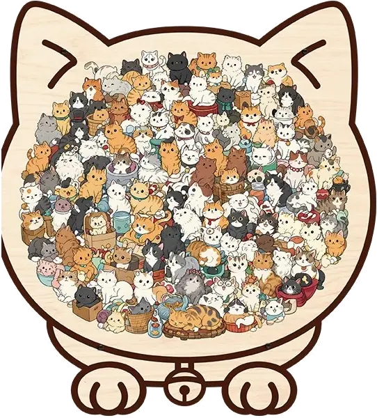 Puzzle chat en bois : silhouette de chat remplie de petits chats illustrés