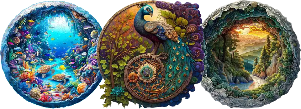 Les trois puzzles du coffret côte à côte : Ocean, Paon et Grotte de la forêt