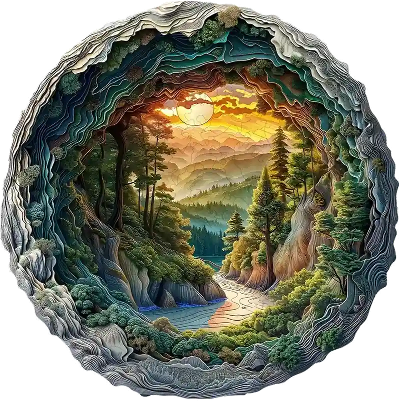Puzzle en bois Grotte de la forêt : forêt de sapins et rivière au coucher du soleil vues depuis une grotte