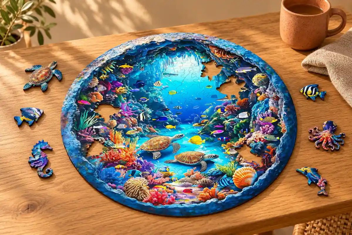 Puzzle en bois Ocean en cours d'assemblage sur une table en chêne, pièces en formes d'animaux marins
