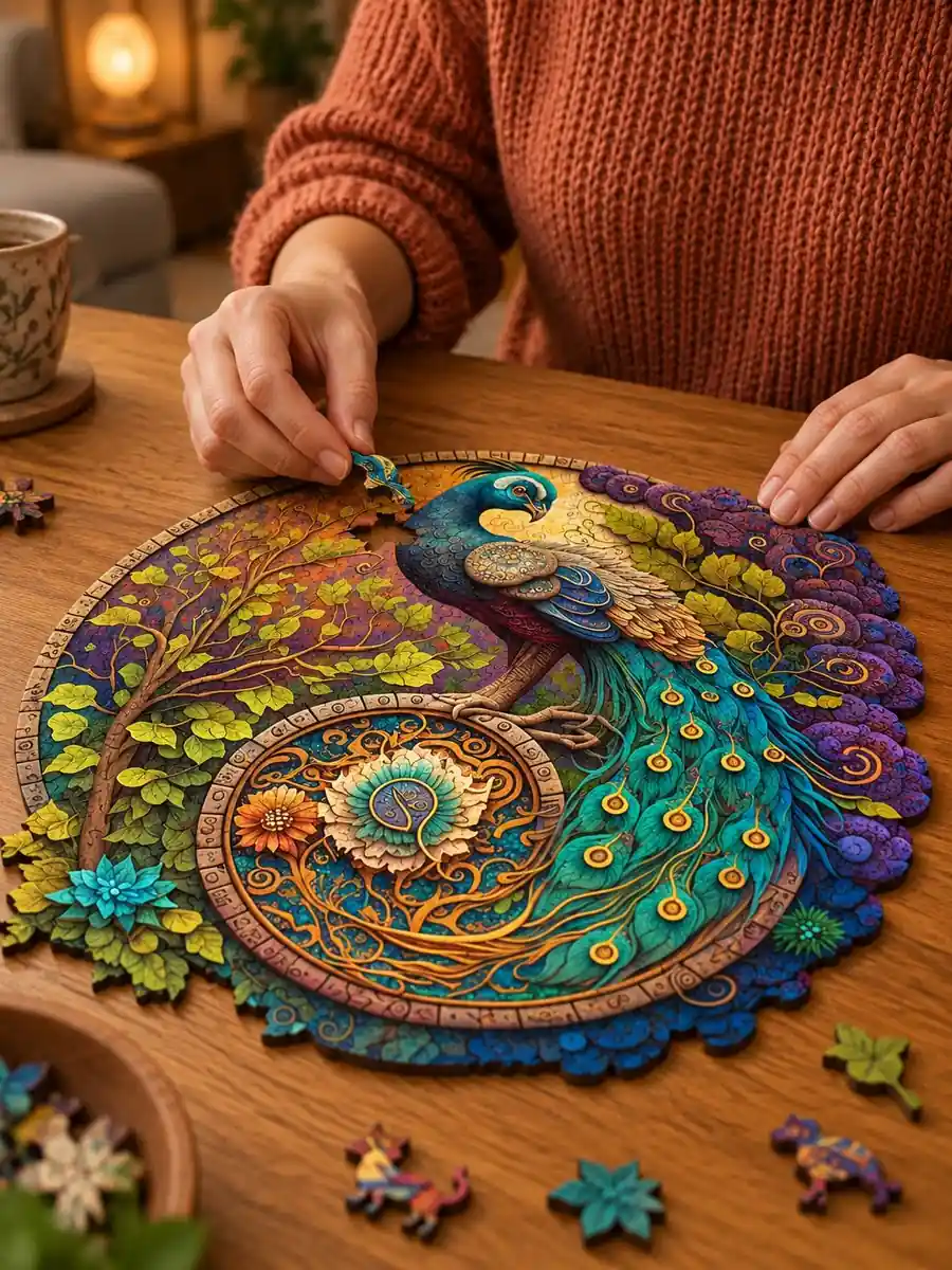 Mains en pull terracotta posant une pièce du puzzle en bois Paon