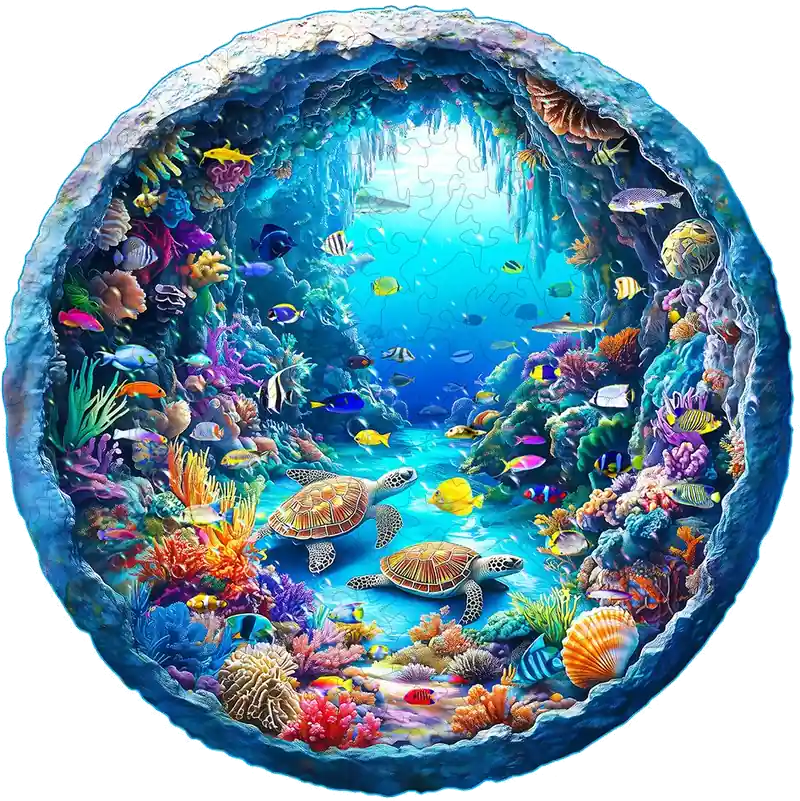 Puzzle en bois Ocean terminé : fond marin rond avec tortues, poissons et coraux