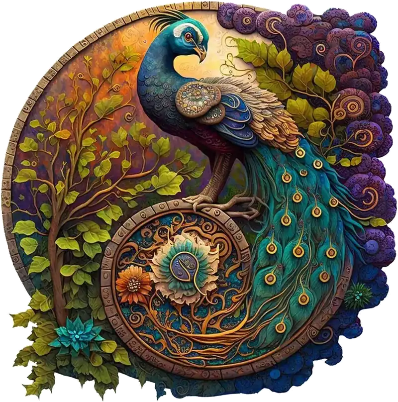 Puzzle en bois Paon : paon aux plumes bleu-vert et or sur fond de feuillage